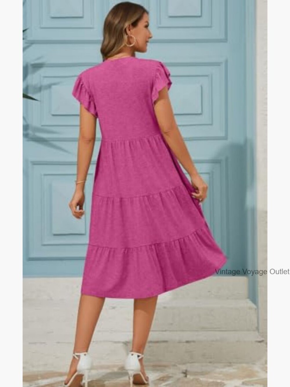 Womens Summer Dress Ruffle Sleeve V Neck Midi Casual Dress Flowy Tiered Boho - Picture 4 of 5